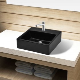 Moins Cher Vasque rectangulaire à trou Noir en céramique pour salle de bain HDV04219