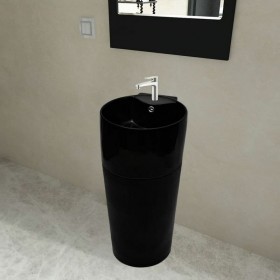 Moins Cher Vasque à trou de trop-plein/robinet céramique Noir pour salle de bain HDV04221