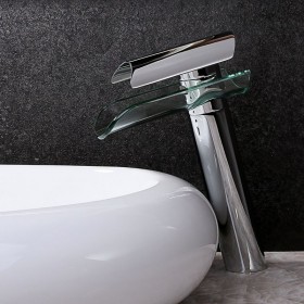Prix Compétitif Robinet lavabo surélevé contemporain en chromé poli avec bec en verre