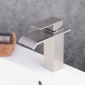 Prix Compétitif Robinet mitigeur lavabo Nickel brossé moderne aux lignes rectilignes bec longueur moyenne et droit